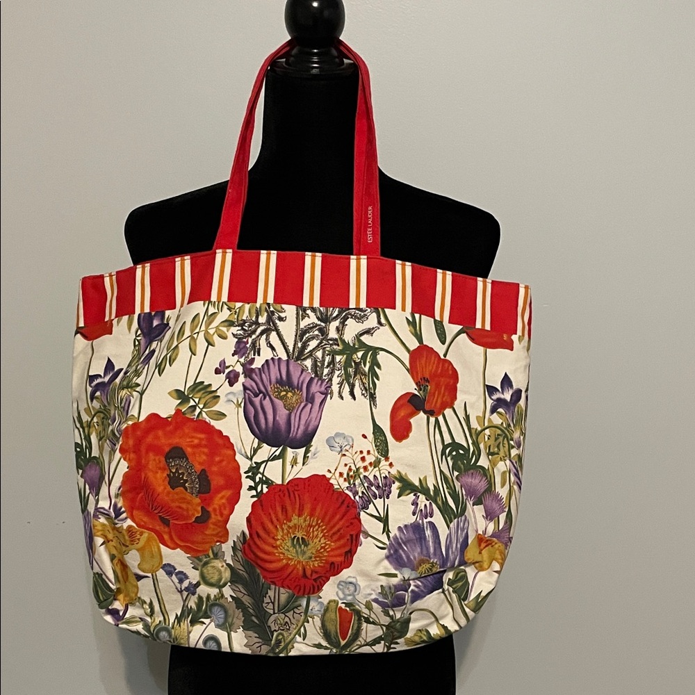 Estee Lauder Floral Canvas Tote Bag with Red Straps